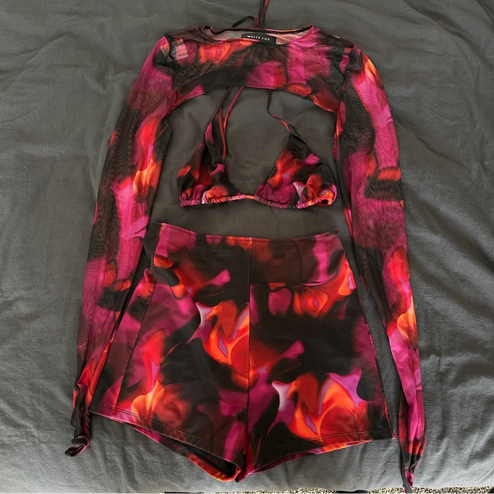 White Fox Boutique Pink Flame Print Mesh Set